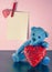 Valentines Day. Teddy Bear Loving cute with red hearts sitting alone. Vintage