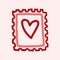 Valentines Day theme doodle icon of hand drawn mail postage stamp with heart shape isolated on a pink