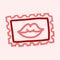 Valentines Day theme doodle Vector icon of hand drawn mail postage stamp with lips shape isolated on a pink