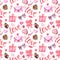 Valentines day themed seamless pattern. Watercolor love letter, pink and red hearts, desserts, treats, candies, arrows, lips