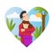 Valentines day vector illustration with young couple in love. Boyfriend and girlfriend smile and hug.