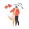 Valentines day vector illustration with young couple in love. Boyfriend and girlfriend smile and hug. Cute lovers with