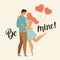 Valentines day vector illustration with young couple in love. Boyfriend and girlfriend smile and hug. Cute lovers with