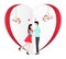 Valentines day vector illustration with young couple in love. Boyfriend and girlfriend smile and kiss.