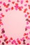 Valentines Day vertical banner template. Flat lay, top view hearts on pink background. Gift voucher, flyer, brochure, story on