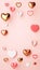 Valentines Day vertical social media story post with different types of hearts on a pink background and copy space in 3D rendering