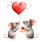 Valentines day watercolor cute animals with red heart balloon. Lovely mice with cheese