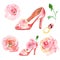 Valentines day Watercolor set with pink ladies shoes high heels, roses flowers, golden engagement ruby gemstone ring.