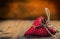 Valentines day. Wedding day. Red cloth handmade hearts on wooden background - table. Free space for your love text