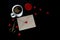 Valentines day or wedding mockup scene with cup of coffee, envelope, paper hearts confetti, red candle, golden scissors