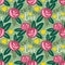 Valentines floral seamless pattern of pink rose flowers with green leaves and yellow heart with love text on green background.