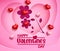 Valentines flower vector background design. Happy valentine`s day text with paper cut flowers shape and 3d heart element.