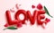 Valentines love vector concept design. Love 3d text with tulips and hearts valentine elements in pink background for hearts day.