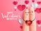 Valentines lovers vector banner template. Happy valentines day text with in love finger couple hugging heart element for valentine