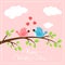 Valentines pink background with two birds and hearts