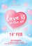 Valentines pink heart balloons vector poster design with floating love is in the air text typography in blue sky background for va