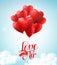 Valentines red heart balloons vector poster design with floating love is in the air text