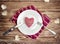 Valentines romantic dinner concept. Holiday meal served heart sh