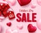 Valentines sale promo vector background design. Valentine`s day sale with valentine gift with price tag up to 50% off and heart.