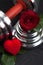 Valentines sports background with dumbbell, rose and heart box.