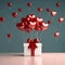 Valentines surprise Present box with shiny red ribbon, heart balloons