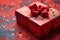 Valentines surprise Red gift box with ribbon on solid background