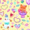 A valentineâ€™s love pattern of cute cats and dogs, hearts, sweets and ceremonial elements and decorations