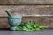 Valerian Herb Leaves with Green Marble Mortar and Pestle