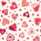 Valetnine's Day Holiday Hand-Drawn Craft Doodle Colorful Hearts Vector Seamless Pattern