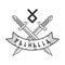 Valhalla logotype with crossed monochrome swords and rune