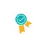 Valid Seal icon. Blue circle with ribbon and gold tick. Flat OK sticker icon. Isolated on white