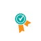 Valid Seal icon. Blue circle with ribbon and gold tick. Flat OK sticker icon. Isolated on white