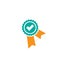 Valid Seal icon. Blue circle with ribbon and gold tick. Flat OK sticker icon. Isolated on white