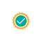 Valid Seal icon. Blue and orange circle with ribbon outline and white tick. Flat OK sticker icon. Isolated on