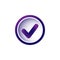 Valid Seal icon. Violet and purple tick in purple circle. Flat OK sticker icon. Isolated on white. Accept button.