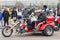 Valladolid, Spain - January 11, 2020: King Magician Melchor, Gaspar, Baltasar on three-wheeled motorcycle in motorcycle rally