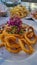 Valle Gran Rey - Fried rings of squid (calamari) and french fries in luxury gourmet restaurant, La Gomera, Canary Islands