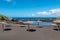 Valle Gran Rey - Scenic sea view on beach Playa Charco del Conde without people in Valle Gran Rey, La Gomera. Sun umbrellas