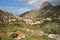 VALLEHERMOSO, LA GOMERA, SPAIN: General view of the valley with terraced fields and Roque Cano in the background