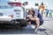 Vallelunga, Rome, Italy. June 24 2017. Seat Leon Cupra Cup racing car on circuit starting grid, mechanic at work