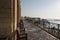 Valletta, Malta, August 2019. Observation deck in the upper gardens with wooden benches.