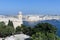 Valletta, Malta, August 2019. Park in front of the fortress wall and view of the other side of the harbor.