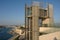 Valletta, Malta, August 2019. The upper part of the elevator to the wall against the backdrop of the cityscape.