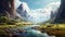 The Valley Beyond, A breathtaking landscape of Westworld\'s fabled Valley Beyond, featuring towering mountains, Generative AI