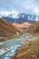 The valley of the Enguri river in autumn. The highest peak of Georgia is Shkhara. Main Caucasian ridge, Zemo Svaneti