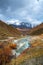 The valley of the Enguri river in autumn. The highest peak of Georgia is Shkhara. Main Caucasian ridge, Zemo Svaneti