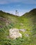 A valley filled with spring flowers and rocks leading to a white lighthouse