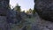 Valley with gray rocky columns and green trees. Beautiful geological formations background.