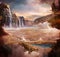 Valley with lake and waterfalls- colorful digital painting artwork