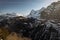 The valley of Lauterbrunnen viewed from the village of Murren in Switzerland on a sunny winter day. Panorama of swiss valley in